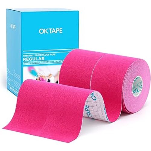 OK TAPE Regular Original Cotton Kinesiology Tape (2 Pack), Elastic Water Resistant Therapeutic Athletic Tape, Latex Free, Injury Recovery, Uncut K Tape 2in×16.4ft - Pink