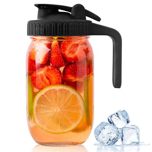 GOSCHE Mason Jar Glass Pitcher with Lid, 32 oz Clear Glass Pitcher with Handle for Sun Tea, Ice Juice , Lemonade, Fruit Drinks Container, Black