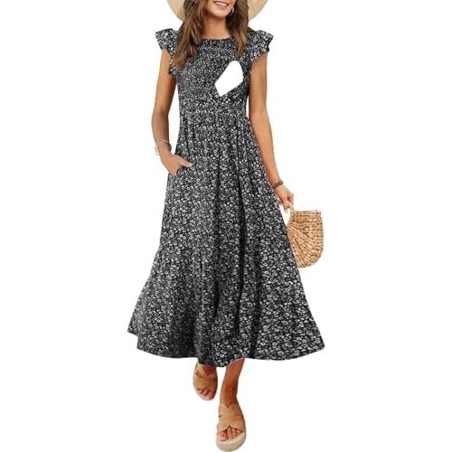 Women's Nursing Dress Flutter Short Sleeve Crew Neck Smocked Elastic Waist Tiered Midi with Pockets