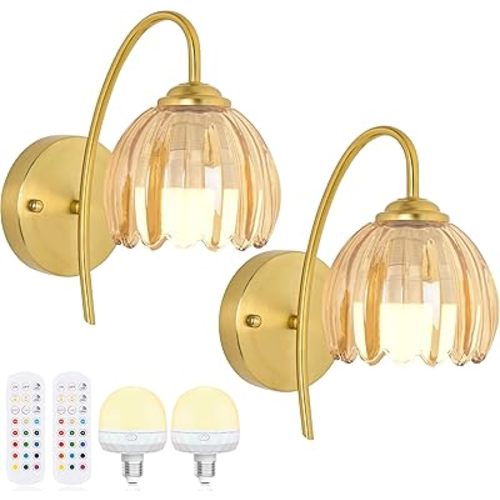 Vintage Battery Operated Wall Sconce with Flower lampshade,Rechargeable Battery Powered Wall Lights,Wall lamp with 15 Colors for Bedroom Living Room Home Decor (Amber Tulip, 2 Light Battery Operated)
