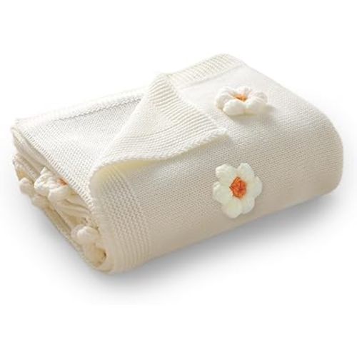 DovFanny Cotton Baby Blanket Knitted with Handmade Flowers
