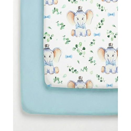 Pack and Play Sheets Fitted - 2 Pack Mini Crib Sheets for Pack N Play Mattress - Unisex Playard Microfiber Bedding for Boys & Girls - Soft, Breathable & Wrinkle Free - Oeko-Tex, 38 x 26in - Elephant