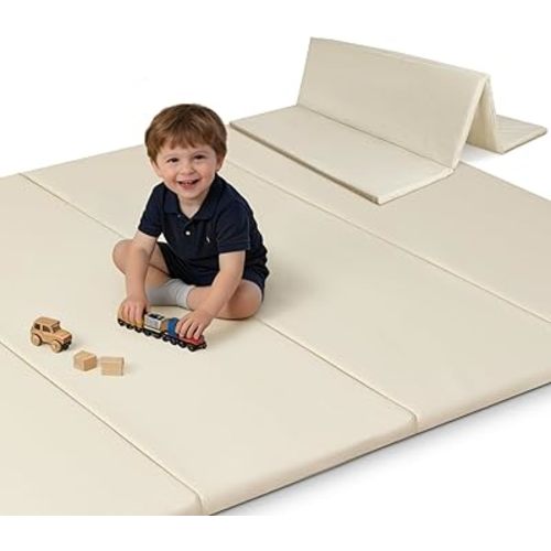 SEPARO Thick Trifold Baby Play Mat,Soft Vegan Leather Foam Floor Mat for 71x59 Playpen,Foldable Tummy Time Mats,Waterproof & Wipe-Clean for Toddler,Kids & Infants Playroom,Beige