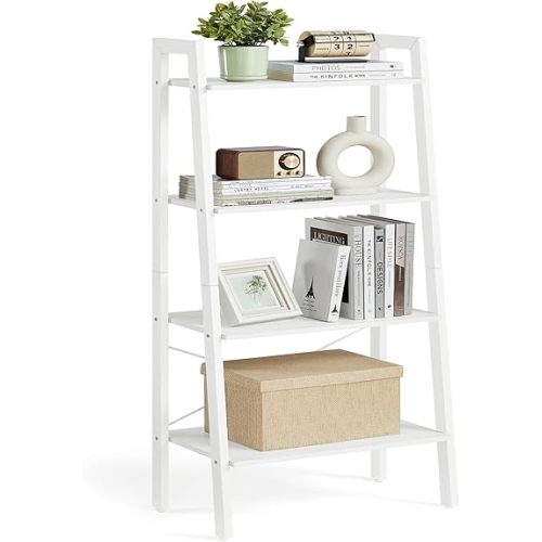 VASAGLE Ladder Shelf, 4-Tier Bookshelf, Storage Rack, Bookcase with Steel Frame, for Living Room, Home Office, Kitchen, Bedroom, Industrial Style, Maple White and Pearl White ULLS044W44