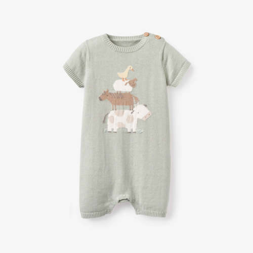 On the Farm Knit Shortall Romper SAGE / 3-6M