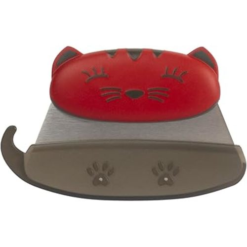 Kuhn Rikon Kinderkitchen Kids Mezzaluna Knife With Blade Protector, Cat, 5.2" x 3.3" x 0.7", Red | Child-Friendly Cutting Tools For Real Cooking