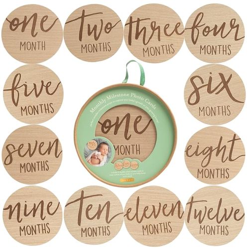Kate & Milo Wooden Baby Monthly Milestone Photo Props, Round Discs with Classic Cursive Script, Double-Sided Photo Markers for Baby Announcements and Growth Pictures, 1-12 Months