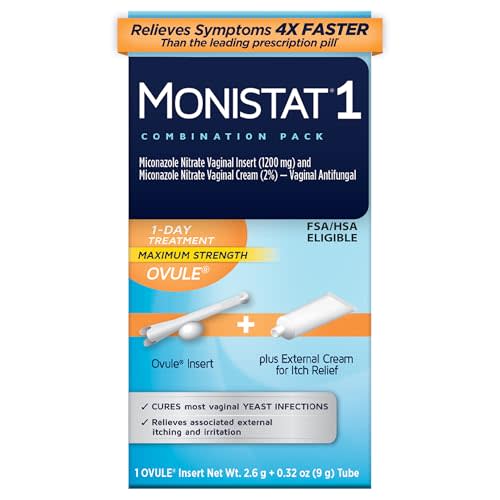 Monistat 1-Day Yeast Infection Treatment, Miconazole Ovule Insert + Cream | Maximum Strength Ovule Insert + External Itch Relief Cream. Fast relief from itchiness, odor, and irritation.