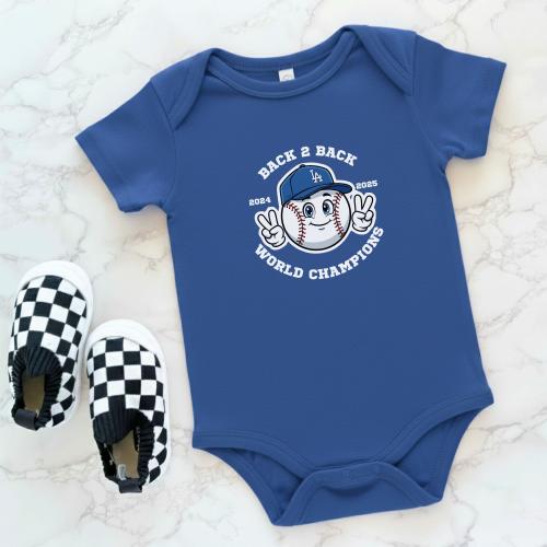 Back 2 Back Champions Baby Onesie: Retro LA Baseball Fan Bodysuit in Blue, Grey, and White