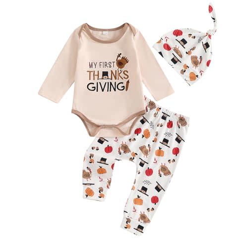 Arvbitana Baby Boy Girl My 1st Thanksgiving Outfit 0-3 6 12 18 Months Long Sleeve Romper Turkey Pants Hat Set Infant Clothes