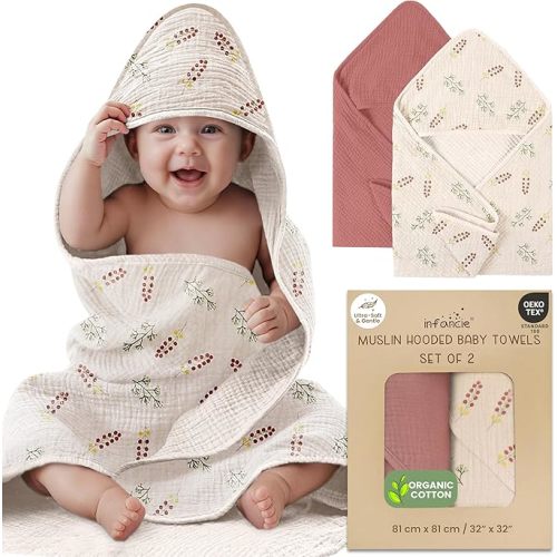 100% Organic Cotton Muslin Baby Hooded Towels 32x32 Inch – 2 Pack Soft & Absorbent Baby Hooded Towel Wrap for Boys & Girls, Premium Hooded Towels, Gentle Baby Essentials in Deep Olive/Ivory