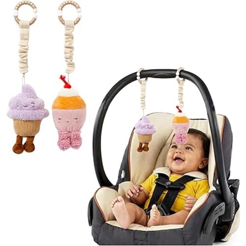 Stroller Toy Set 2 Pack - Design PlushToys for Car Seat & Stroller, 100% Polyster, BPA-Free Attachment Clip, Ideal Baby Travel Toy (Ice Cream & Cupcake)
