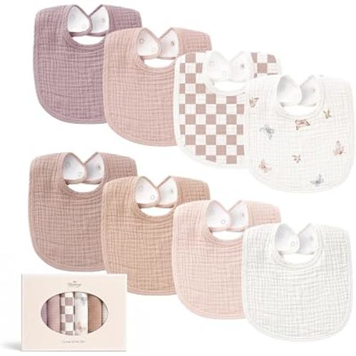 Konssy 8-Pack Muslin Baby Bibs, Adjustable Fit for Drooling and Teething