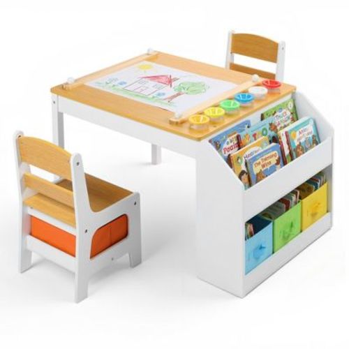 Kinder King Kids Wooden Activity Table and 2 Chairs Set with Storage, Paper Roll & Paint Cups, Art Craft Desk for Drawing, Reading & Play, Natural