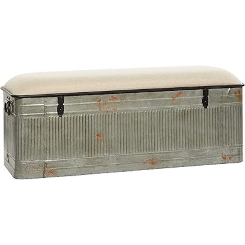 Deco 79 Metal Room Storage Bench Galvanized Entryway Bench with Cream Burlap Top, Bench 50" x 16" x 18", Gray