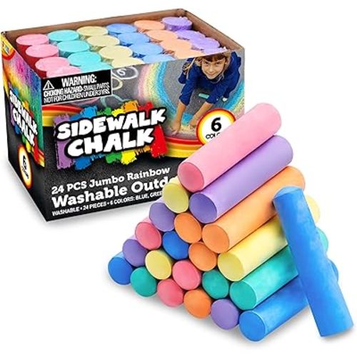 JOYIN 24 PCS Washable Sidewalk Chalks Set Non-Toxic Jumbo Chalk for Schools, Outdoor Art Play, Paint on Chalkboard, Blackboard and Playground (6 Colors)
