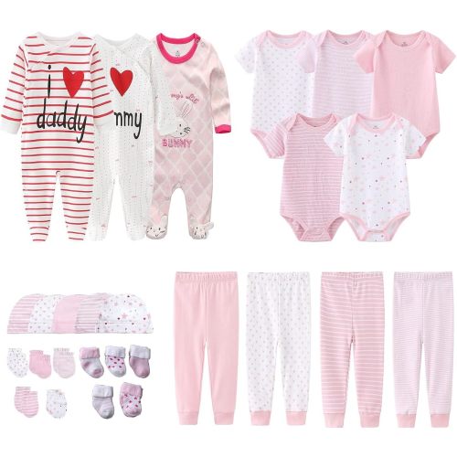 MAMIMAKA Newborn Layette Gift Set 27-Piece Baby Girl Clothes Bodysuits, Pants Essentials and Accessories 0-12Months