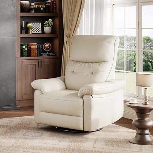 GarveeHome Recliner Chair, 360° Swivel Rocker Glider Nursery Chair with Padded Armrest and Deep Seat, PU Leather Upholstered Reclining Sofa Chair for Living Room, Bedroom and Nursery (Cream)