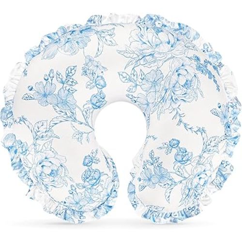 DILIMI Nursing Pillow Cover, Removable Ruffled Pillowcase for Breastfeeding Pillows, Ultra Soft Comfortable Slipcover for Baby Girl and Boy, Blue Floral