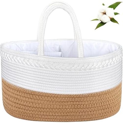 ABenkle X-Large Diaper Caddy Organizer, Boho Rustic Cotton Rope Nursery Baby Basket, Changing Table Organizer for Baby Diaper Storage and Baby Shower
