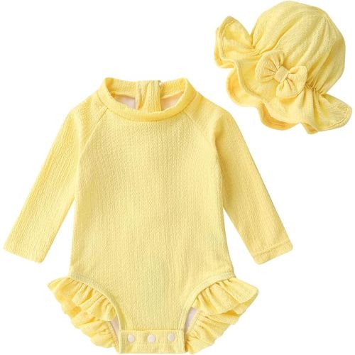 YOUNGER TREE Infant Baby Girls Swimsuit Long Sleeve Swimsuits One Piece Swimsuit Solid Color Bathing Suit with Hat, UPF 50+