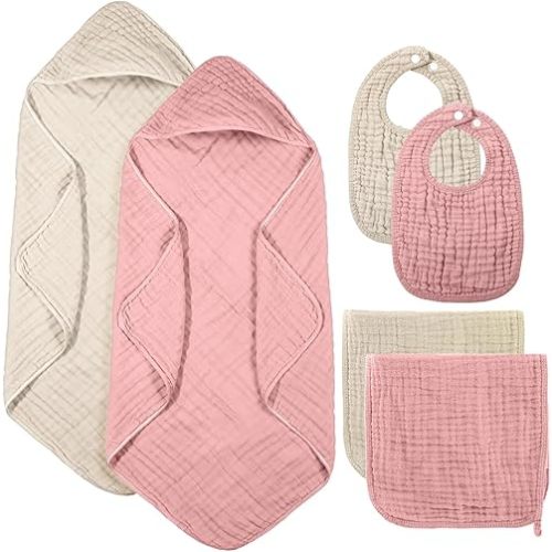 6 Pcs Muslin Hooded Bath Towels Washcloths and Bibs Set, Muslin Cotton Baby Towels Absorbent Hooded Blanket Towel Infant Bibs for Boys Girls Newborn Infant Essential(Pink, Brown)