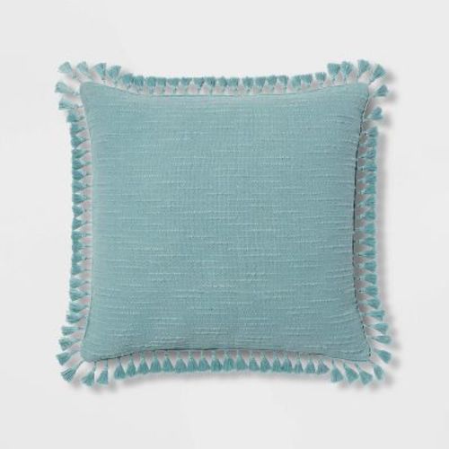 Euro Textured Slub Tassel Decorative Throw Pillow Light Teal Blue - Threshold™: Cotton Dobby, Indoor Square Accent Pillow