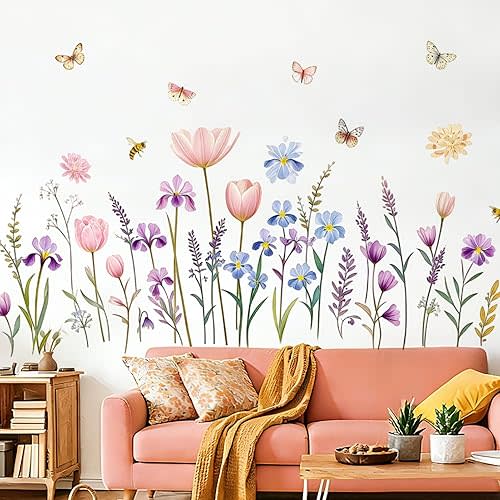 Flower Wall Decals Boho Wall Stickers Wildflower Floral Dandelion Grass Baby Nursery Girls Bedroom Kids Room Wall Decor Peel and Stick