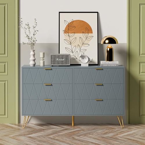 UEV Large Blue 6 Drawer Dresser,Modern Dresser Chest with Wide Drawers and Metal Handles,Wood Storage Chest of Drawers for Bedroom,Hallway,Entryway (Blue, Large 6 Drawer)