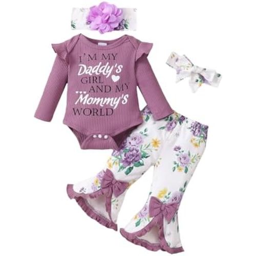 SUNNY PIGGY Newborn Baby Girl Clothes Infant Outfits Romper Floral Fall Outfit Bell Bottoms Pant Sets Hat Headband Flowerpant