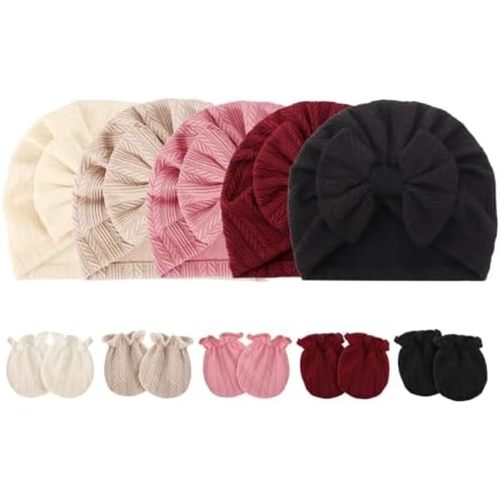 Newborn Baby Hats and Mittens Set Infant Bow Beanie Cap Toddler Gloves Newborn Hospital Hats for Baby Boy Girl 0-6 Months