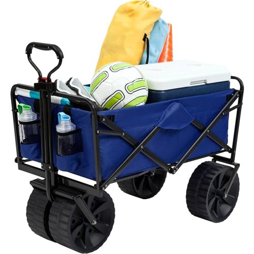 Mac Sports Heavy Duty Collapsible Folding All Terrain Utility Beach Wagon Cart, Blue/Black | Folding Outdoor Beach Garden Cart with All Terrain Wheels