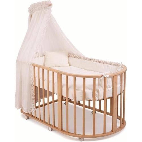 Natural Beech Wood Canopy Baby Cradle, Rocking & Lockable Freestanding Wooden Cradle, Complete Set with Mattress, Bedding, Pillow and Mosquito Net 49.2" × 27.6"