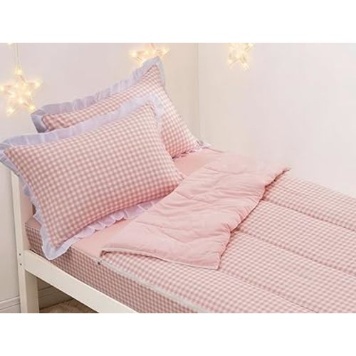 Meeting Story Zipper Bedding Twin Zip Up Bedding Set for Girls and Kids, Pink Checked Plaid 3 Pcs Comforter Bed in a Bag with Fitted Sheet and 2 Pcs Pillowcases(Pink,Twin)