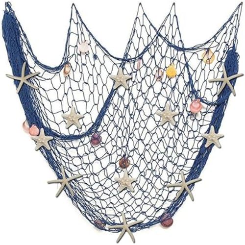 79 x 59 inch Nature Fish Net Wall Decoration with Colorful Sea Shells and 10 Pcs Natural Starfish Ocean Themed Mediterranean Style Fishing Net for Beach Party,Wedding,photography Wall Decoration
