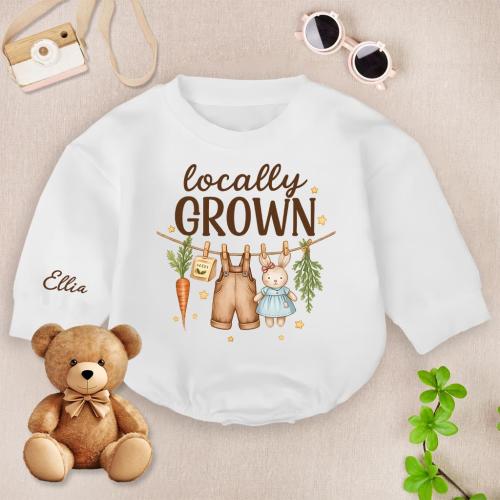 Custom Locally Grown Baby Romper Sweatshirt, Country Farm Baby Bodysuit,  Farmer Baby Outfit, Baby Shower Gift