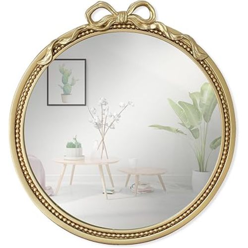 15.75" Gold Bow Decorative Round Mirror, Metal Frame Hanging Circle Mirror, Wall Mounted for Entryway, Bathroom, Vanity, Living Room