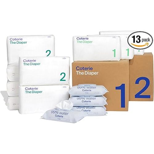 Coterie Baby Wipes + Diapers Kit, Size 1 (99 Count) & Size 2 Diapers (186 Count), 4 Pack (224) Baby Wipes with 99% Water, Plant Based Materials, Hypoallergenic for Sensitive Skin