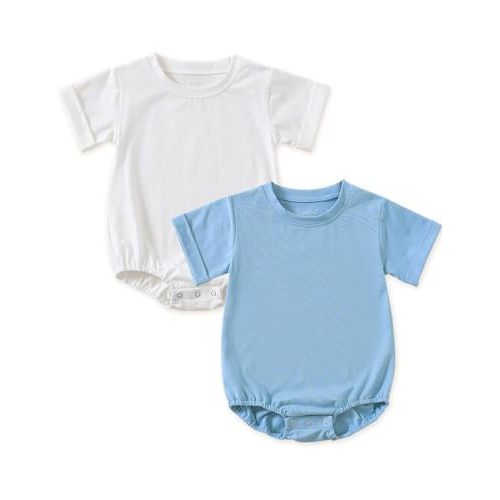 Jimonda Baby Bubble Rompers Boy Girl Solid Color T-Shirt Outfits Short Sleeve Button Bodysuit Cotton Tops Clothes 2Pcs