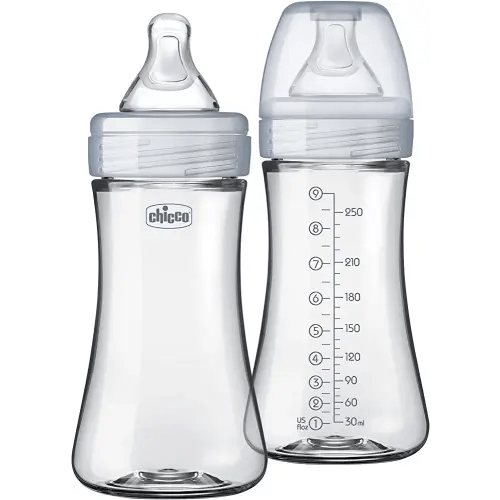 Chicco Duo 9oz. Hybrid Baby Bottle with Invinci-Glass Inside and Plastic Outside | Dishwasher, Bottle Warmer, and Electric Sterilizer Safe | Intui-Latch Nipple | Clear/Grey, 2pk