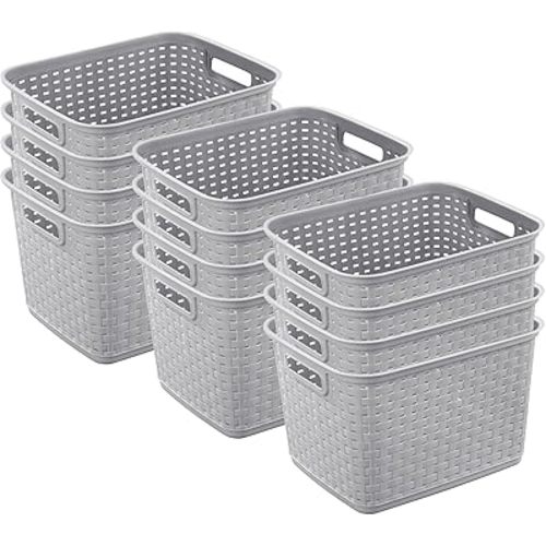 Sterilite 12-Pack Tall Weave Basket, Wicker-Style Plastic Open Storage Bin, Cement Gray - Multi-Purpose Decorative Organizer for Laundry Area, Shelves, Closets, Pantries, Living Rooms or Offices