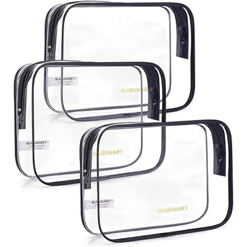 BAGSMART Clear Toiletry Bag, 3-Pack TSA Approved Travel Toiletry Bag Carry On Travel Accessories Bag Airport Airline Quart Size Bags water-resistant Makeup Bag for Women