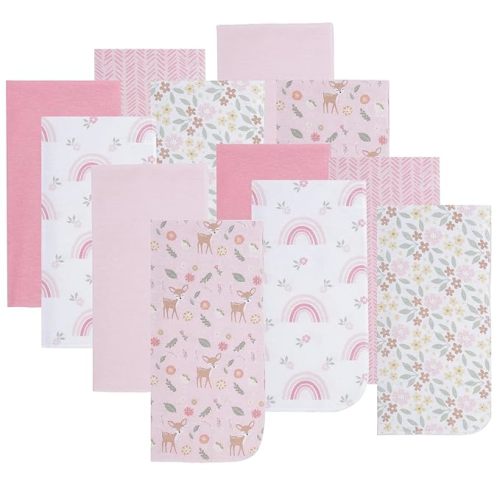 EVERYDAY KIDS 12 Pack Burp Cloths for Baby Girl; Newborn Essential with - Large Absorbent Cotton Flannel Pink Burping Cloths for Babies with Woodlands, Floral and Rainbow Prints and Solids
