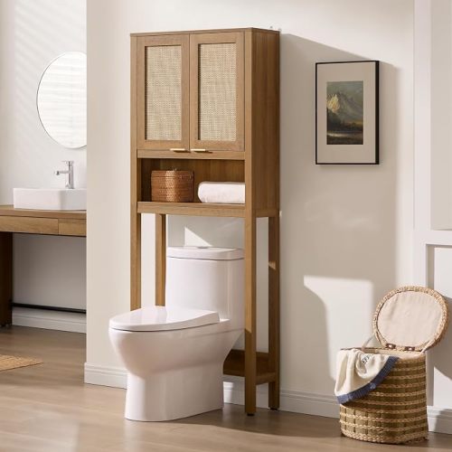 SICOTAS Over the Toilet Storage Cabinet, Rattan Door Bathroom Organizer | Freestanding Bathroom Organizer with Adjustable Shelf, Over Toilet Storage Cabinet for Bathroom, Laundry Room, dnd Restroom