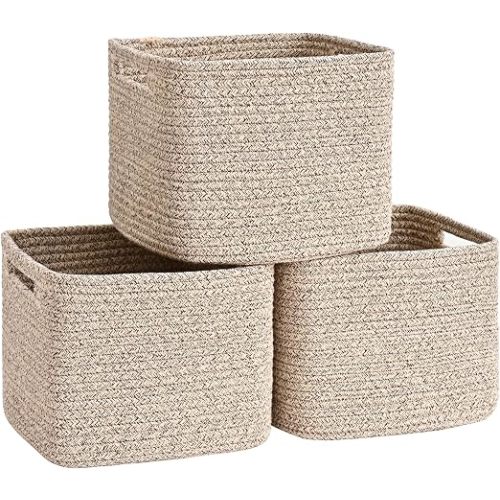3 Pack Cube Storage Bin, 9”x9”x7” Cotton Rope Woven Baskets for Organizing Toys Clothes Towels, Square Gift Storage Baskets for Shelves, Nursery, Closet, Bathroom, Pantry (Jute)