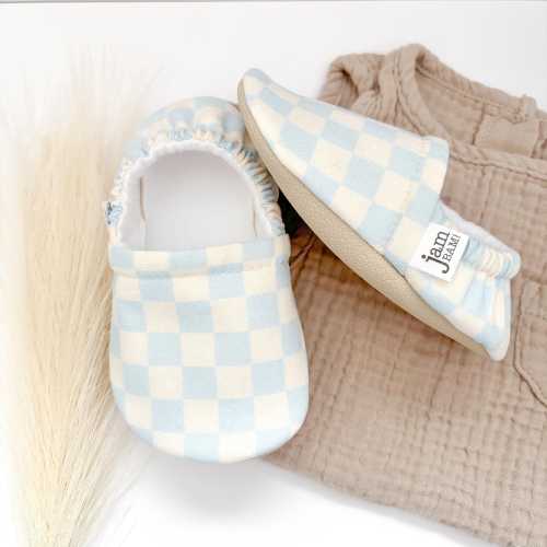Checkered Baby Booties: Light Blue Cream Skater Crib Shoes
