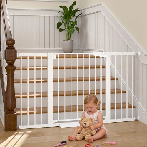Cumbor 30-54" Extra Wide Baby Gate for Stairs, Dual Lock & Self-Closing Dog Gate Indoor, Easy Install Pet Gate for Doorways, Hallways & Kitchen, Easy Walk Thru Safety Proofing for Babies & Pets, White