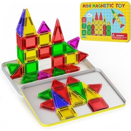 46PCS Mini Magnetic Tiles, Magnetic Tiles Travel Set with Case, STEM Educational Building Set Construction Toys for Kids Ages 3+, Portable Building Toys for Toddlers, Boys & Girls Birthday Gift