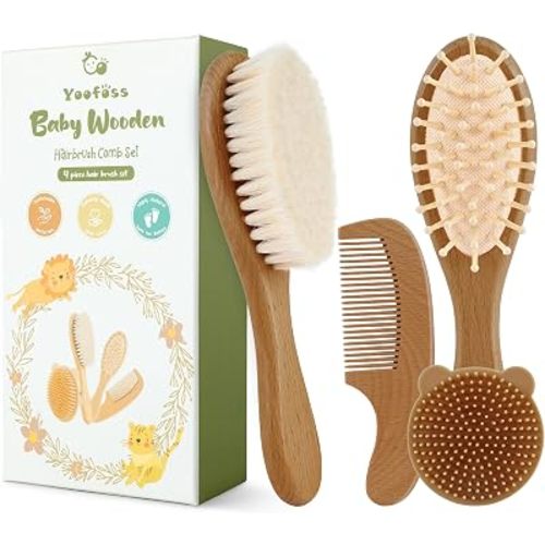 Yoofoss 4 Piece Baby Hair Brush and Comb Set, Wooden Baby Hair Brush with Natural Ultra Soft Goat Hair, Baby Comb Set for Boy, Girl - Walnut