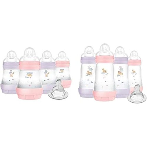 MAM Easy Start Anti-Colic Baby Bottle Slow Flow 5oz 4 Pack and 9oz 2+ Months 4 Pack with Bonus Fast Nipple